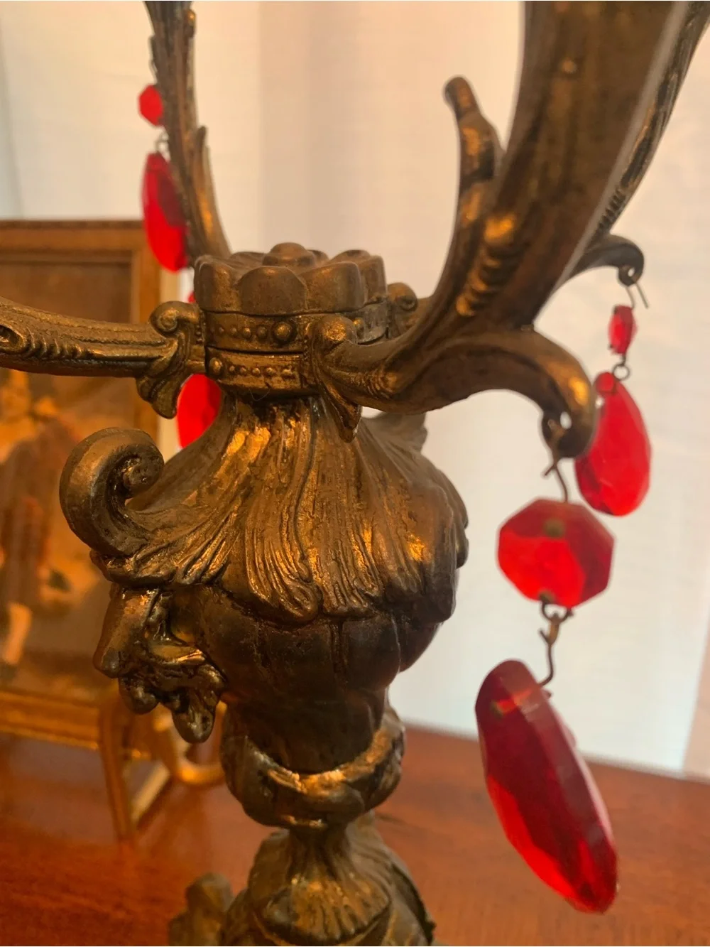 Antique-Style Ornate Brass Candelabra Pair with Red Crystal Drops